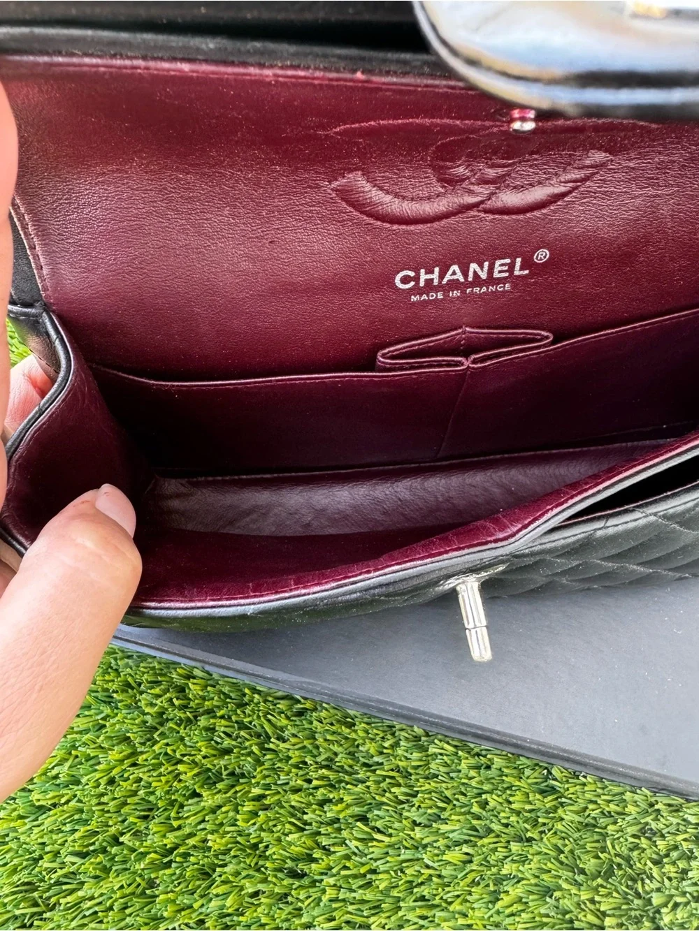 CHANEL Black Quilted Lambskin Shoulder Bag with Silver CC Lock